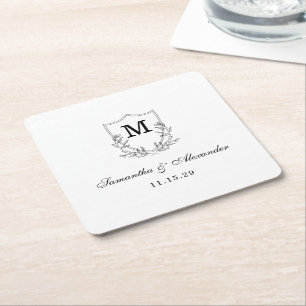 Elegant Black & White Crest Square Paper Coaster