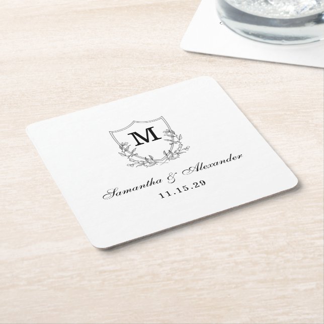 Elegant Black & White Crest Square Paper Coaster (Angled)