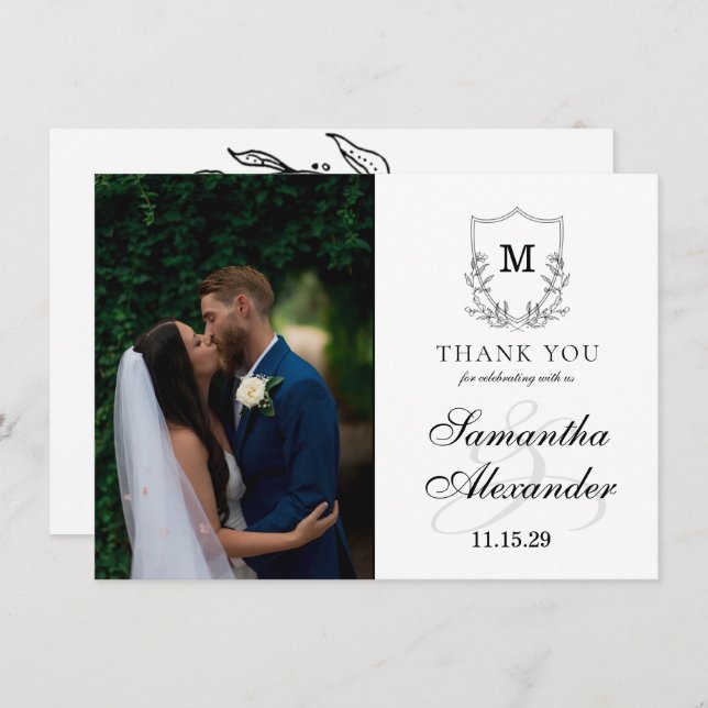 Elegant Black & White Crest Thank You Card (Front/Back)