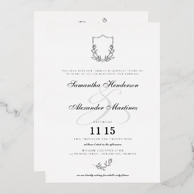 Elegant Black & White Crest with Details Wedding (Front/Back)