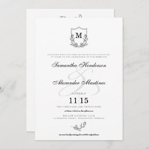 Elegant Black & White Crest with Details Wedding Invitation