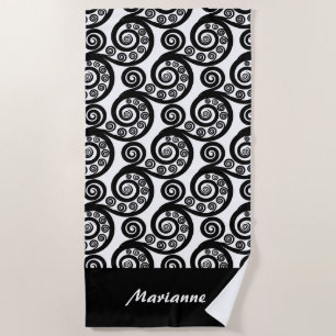 Elegant Black & White Curls Koru Fern Frond Beach Towel