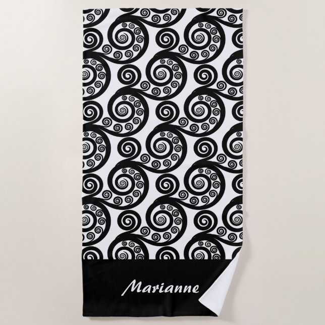 Elegant Black & White Curls Koru Fern Frond Beach Towel (Front)