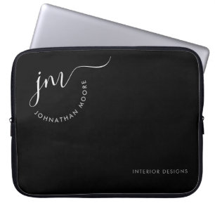 Elegant Black White Curvature Signature Monogram Laptop Sleeve