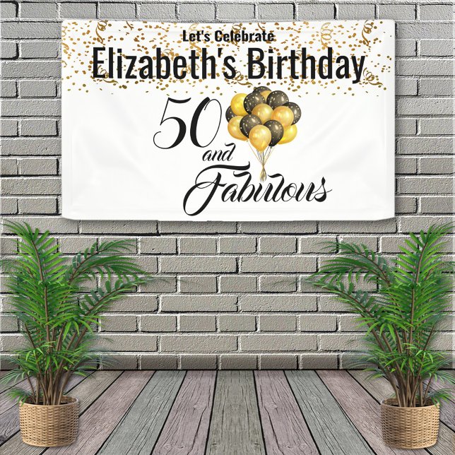 Elegant Black White Custom 50th Birthday Confetti Banner (Creator Uploaded)