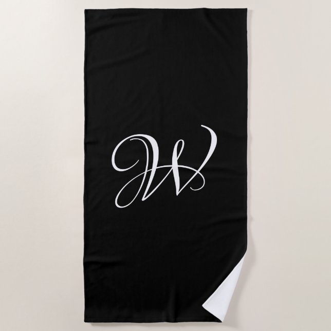 Elegant black white custom script monogram beach towel (Front)