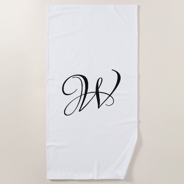 Elegant black & white custom script monogram beach towel (Front)
