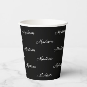 Elegant black white custom script name pattern paper cups