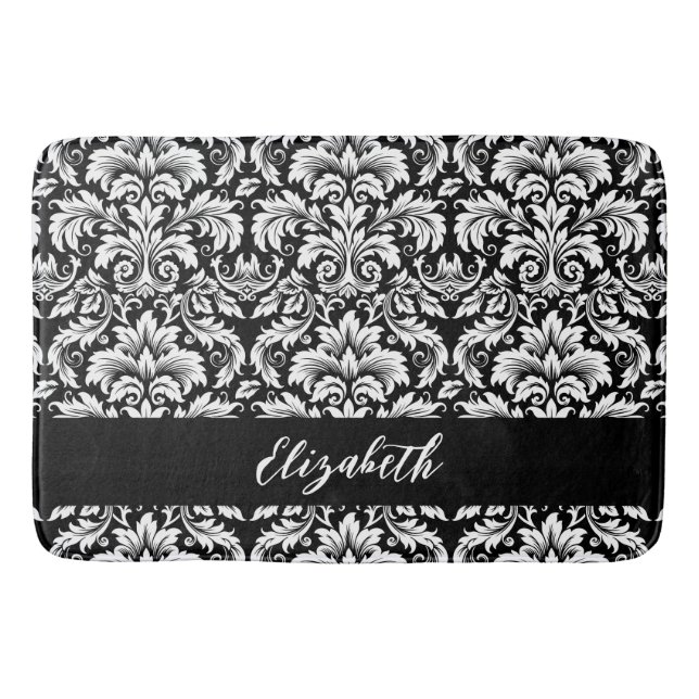 Elegant Black White Damask Bath Mat (Front)