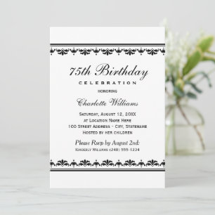 Elegant Black White Damask Birthday Invitation