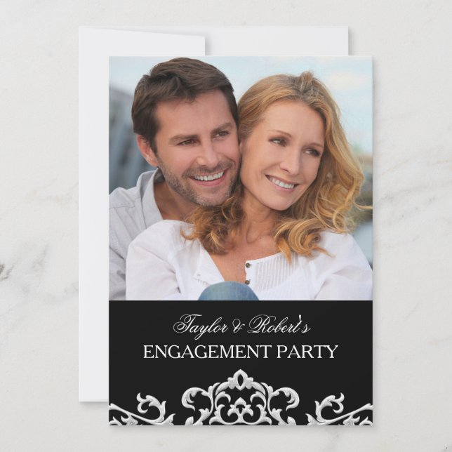 Elegant Black & White Damask Engagement Party Invitation (Front)