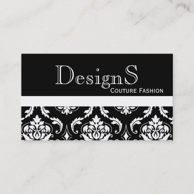 Elegant Black White Damask Fashion Business Card (Front)