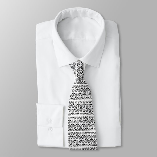 ELEGANT BLACK WHITE DAMASK FLORAL WITH STRIPES TIE (Tied)