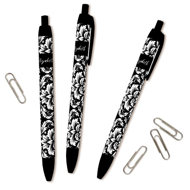 Elegant Black White Damask Ink Pen (Cute personalized black and white damask pattern pens go great with the matching journal.)
