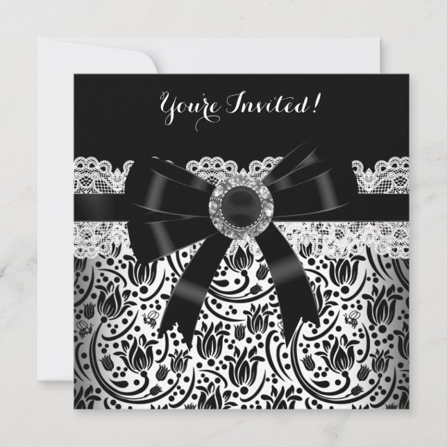 Elegant Black White Damask Jewel Birthday Party Invitation (Front)