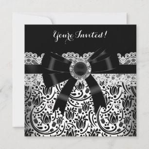 Elegant Black White Damask Jewel Birthday Party Invitation