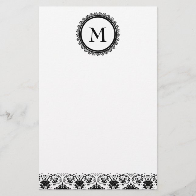 Elegant Black & White Damask Monogram Personalised Stationery (Front)