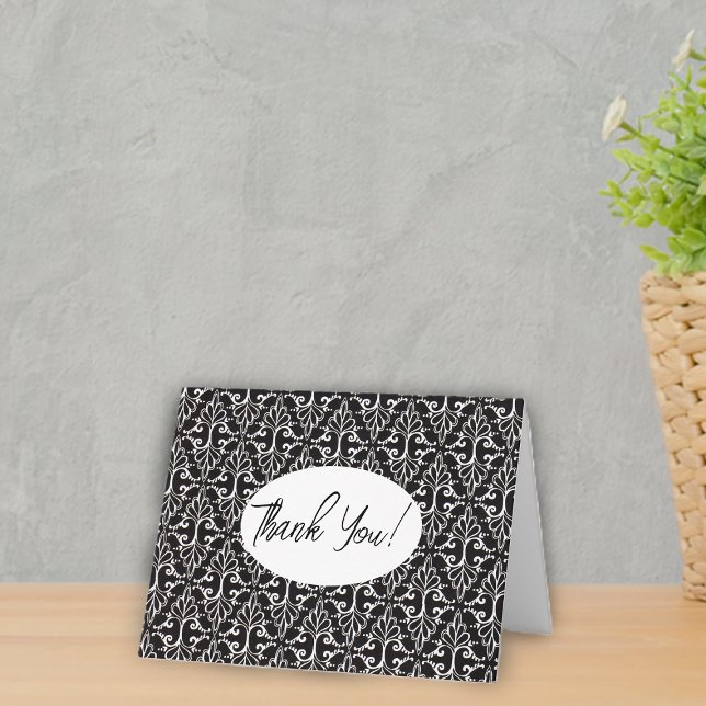 Elegant black White Damask Pattern Scrolls Thank You Card (Classy damask pattern in black and white with fancy scrolls on thank you cards.)