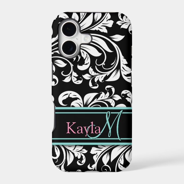 Elegant Black & White Damask Pattern with Monogram (Back)