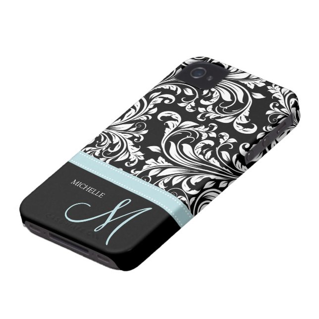 Elegant Black & White Damask Pattern with Monogram Case-Mate iPhone Case (Bottom)