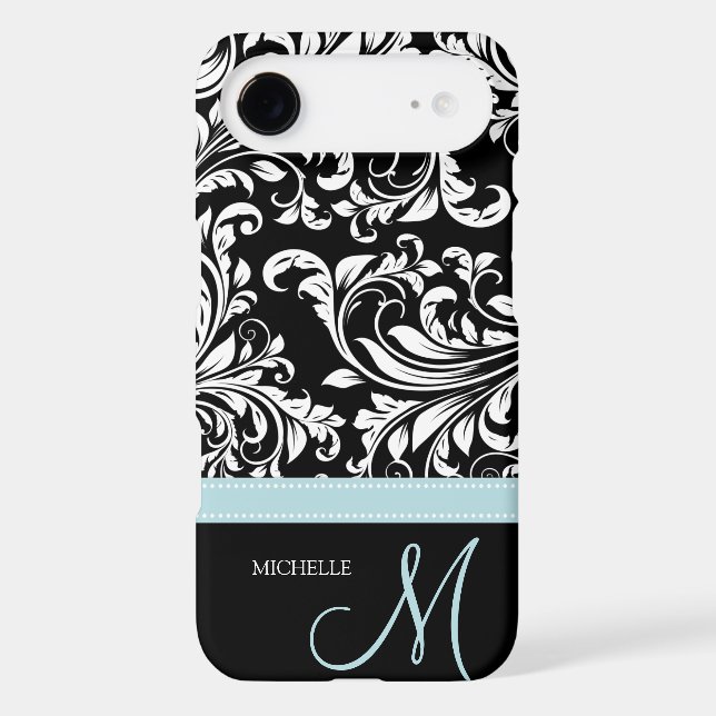 Elegant Black & White Damask Pattern with Monogram Case-Mate iPhone Case (Back)