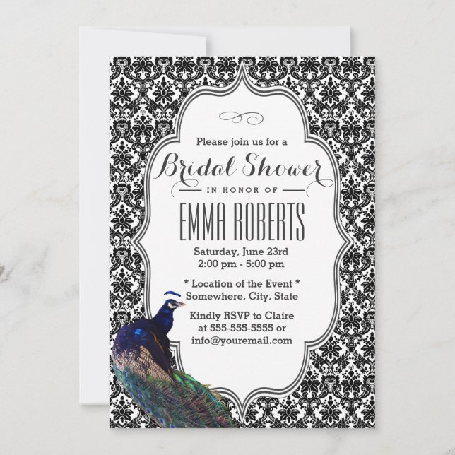 Elegant Black & White Damask Peacock Bridal Shower Invitation (Front)
