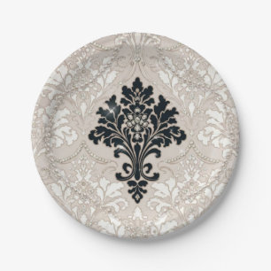 Elegant Black White Damask Pearl Paper Plate