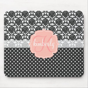 Elegant Black & White Damask Pink Girly Monogram Mouse Pad