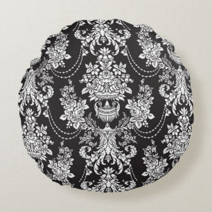 Elegant Black White Damask  Round Cushion