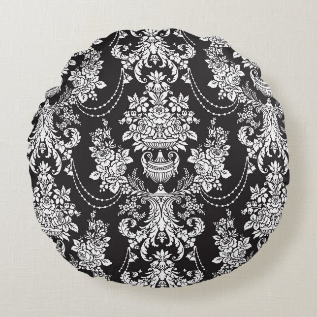 Elegant Black White Damask  Round Cushion (Front)