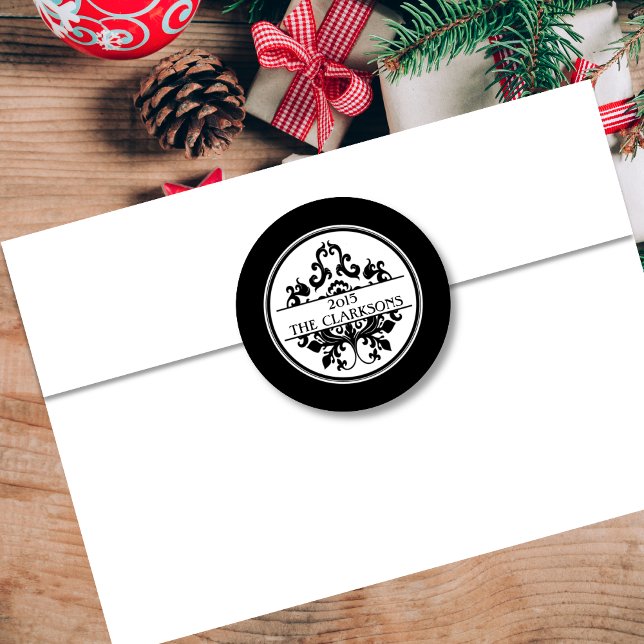 Elegant Black White Damask Round Envelop Seal (Creator Uploaded)