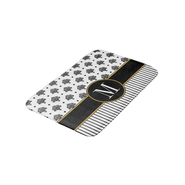 Elegant Black White Damask Stripes Gold Monogram Bath Mat (Angled)