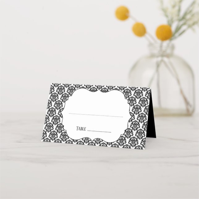 Elegant Black White Damask Wedding Escort Card (Front)