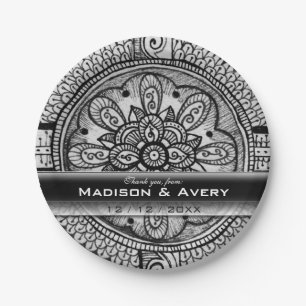 Elegant Black White Damask Wedding Event Love Wins Paper Plate
