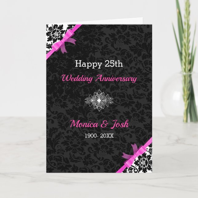 Elegant Black & White Damasks With Pink Ribbon Card (Front)