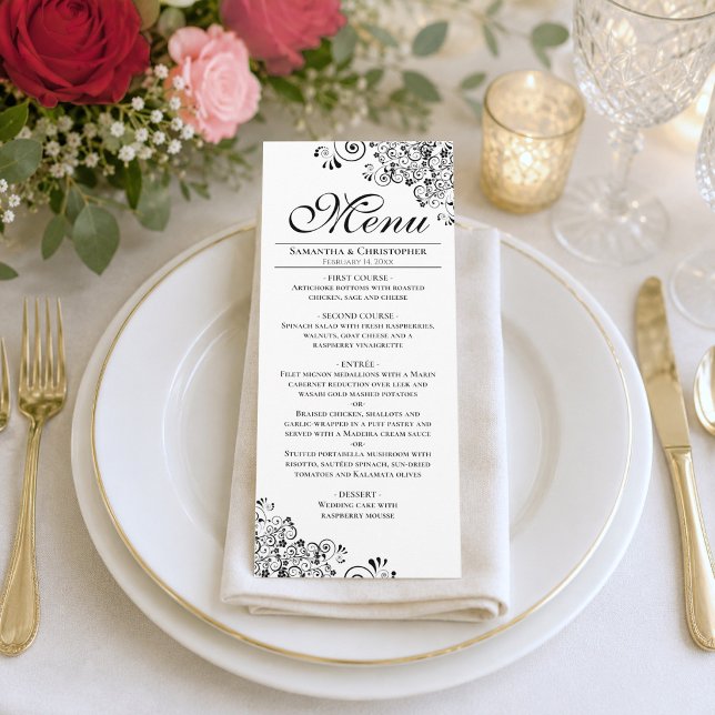 Elegant Black & White Decorative Corners Wedding Menu (Creator Uploaded)