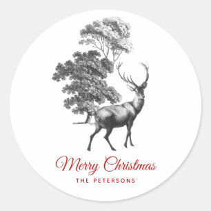 Elegant Black White Deer in Forest Name Classic Round Sticker