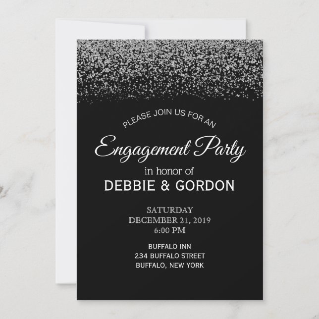 Elegant Black & White Diamond Wedding Engagement Invitation (Front)