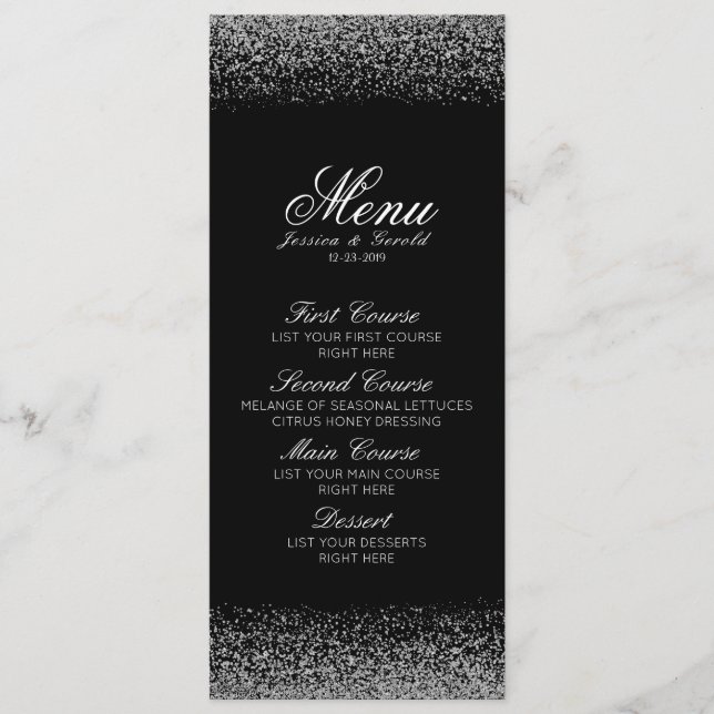Elegant Black & White Diamond Wedding Menu (Front)