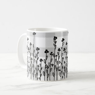 Elegant black white doodle floral grey gingham coffee mug