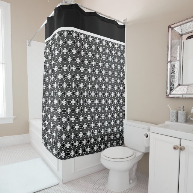 Elegant Black & White Double Quatrefoil Patterns Shower Curtain (In Situ)