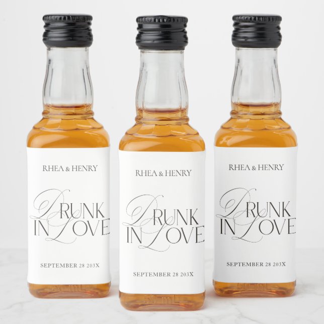 Elegant Black & White Drunk in Love Mini  Liquor Bottle Label (Bottles)