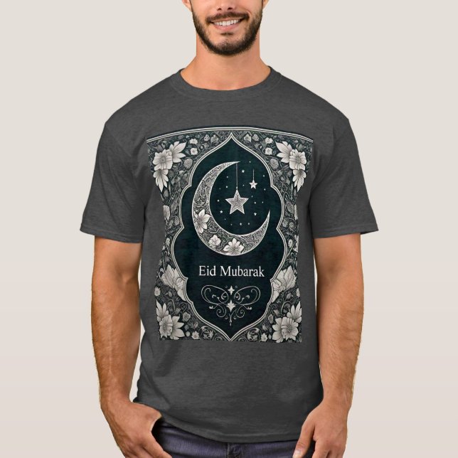 Elegant Black & White Eid Mubarak Floral Crescent  T-Shirt (Front)