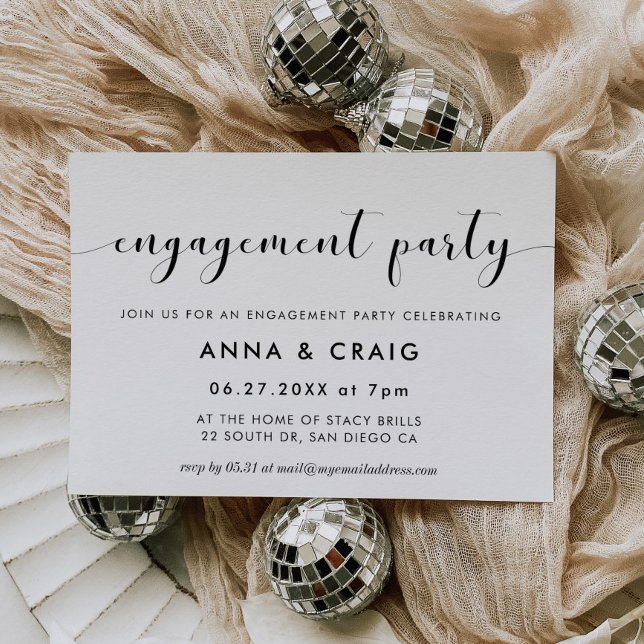 Elegant black & white engagement party invitation (Creator Uploaded)