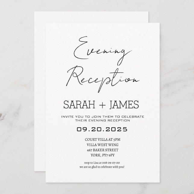 Elegant Black White Evening Reception Wedding  Invitation (Front/Back)