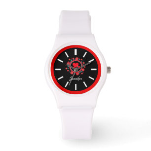 Elegant black white face, red floral heart motif watch