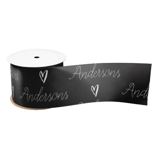 Elegant Black White Family Name Heart Pattern  Satin Ribbon (Spool)