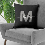 Elegant Black White Family Name Monogram Cushion<br><div class="desc">Personalised Elegant Black White Family Name Monogram Throw Pillow. This chic monogram pillow combines a modern minimalist, clean, and simple style with a sophisticated yet trendy vibe, making it a versatile accent piece. Featuring a bold grey initial over a sleek black background with an elegant white script calligraphy name, it’s...</div>