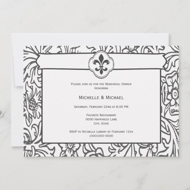 Elegant Black White Fleur de Lis Event Invitations (Front)
