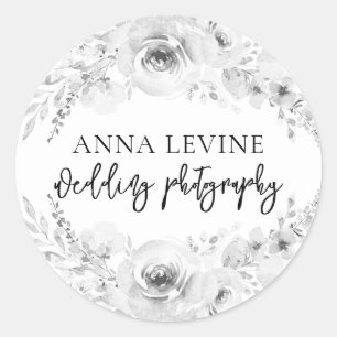 Elegant Black White Floral Border Business Name Classic Round Sticker